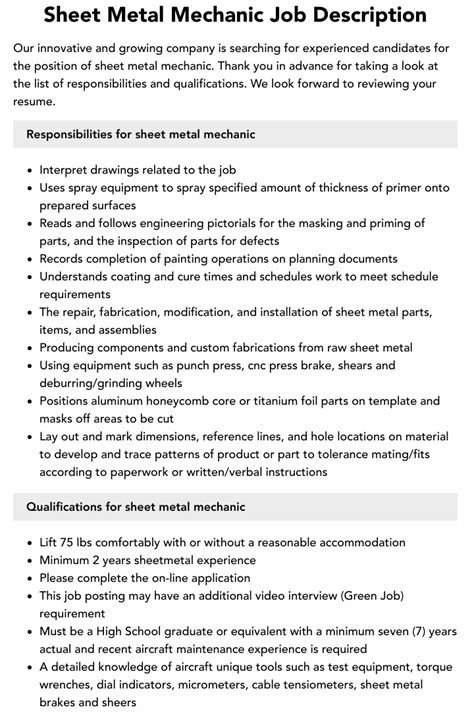 hvac sheet metal mechanic job description|sheet metal fabrication job duties.